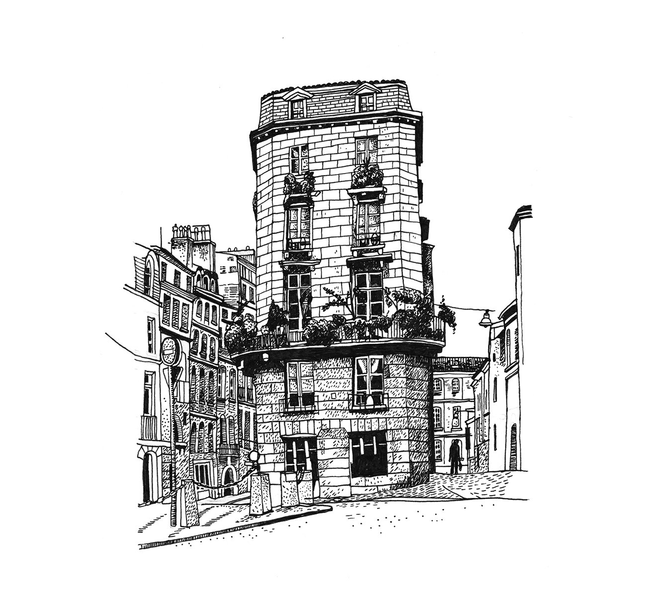 Hand drawn ink sketch of a building in Bordeaux.