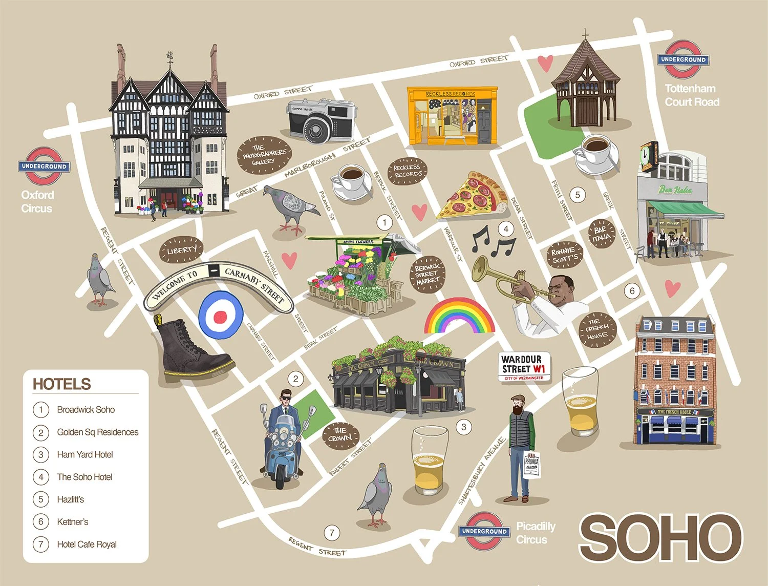 Illustrated map of Soho, London.