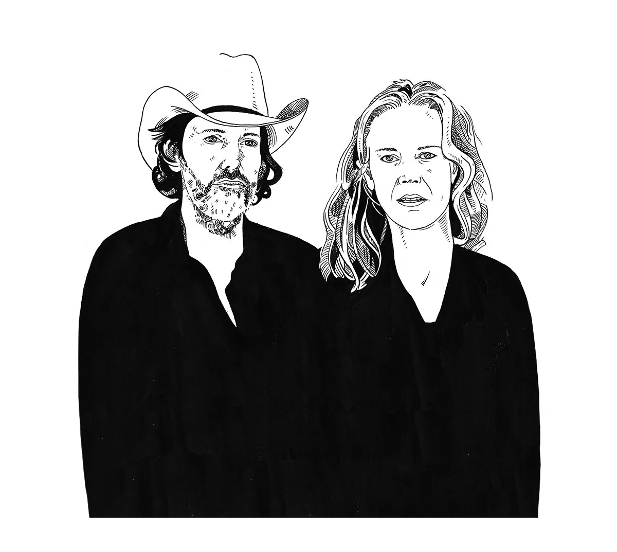 Black and white illustration of Gillian Welch and Dave Rawlings
