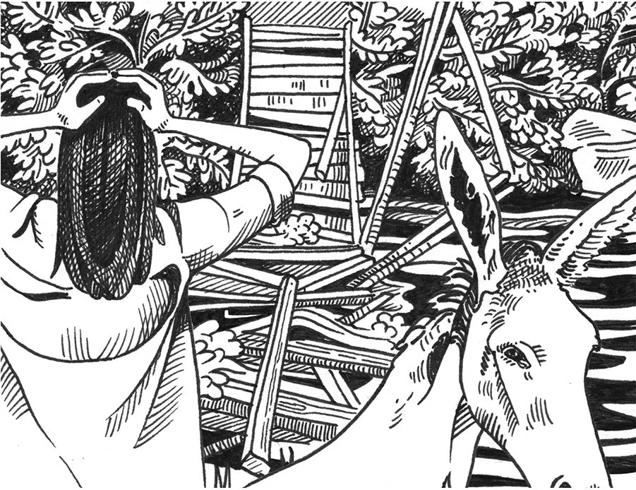 Black and white ink illustration drawing of a girl and mule by a collapsed bridge by Matt Hollings aka Mono Matt