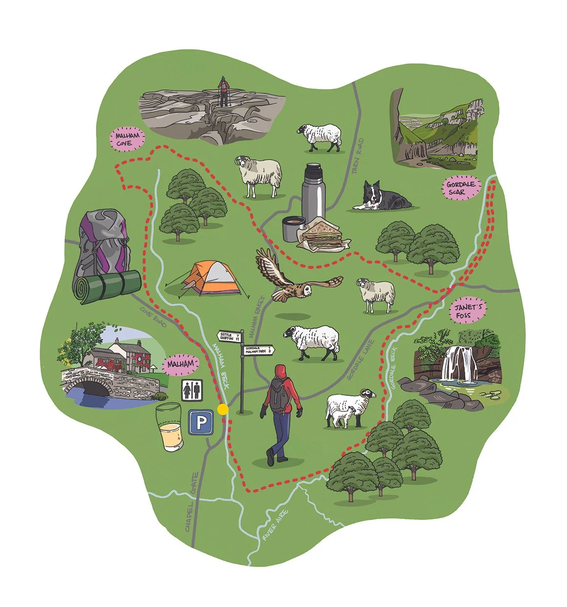 Illustrated walking map of Malham Cove in the Yorkshire Dales