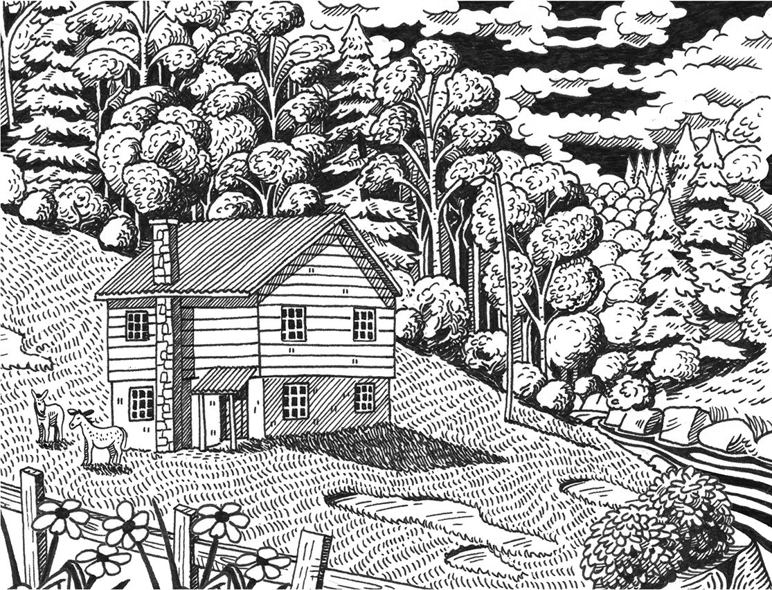 Black and white ink illustration of a house on a hill by Matt Hollings aka Mono Matt
