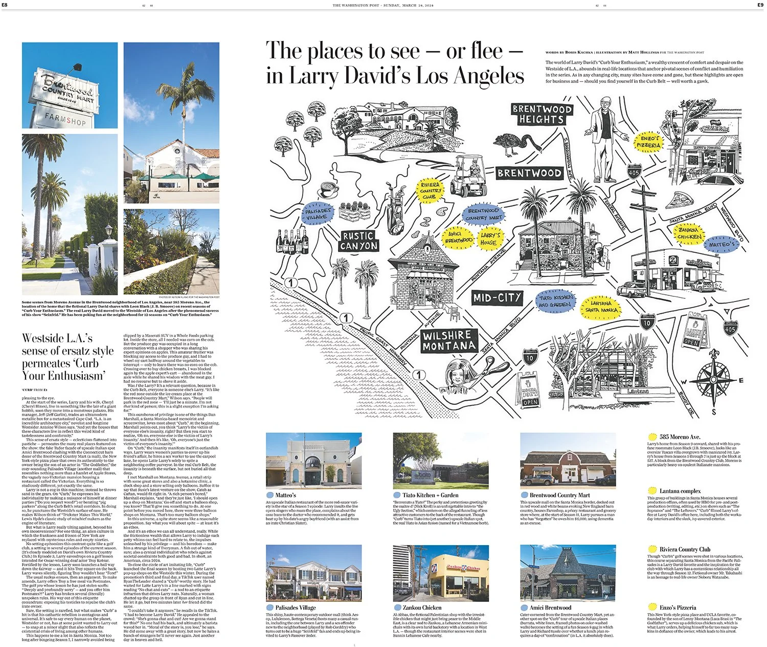Washington Post article featuring hand drawn illustrated map of Larry David's LA.
