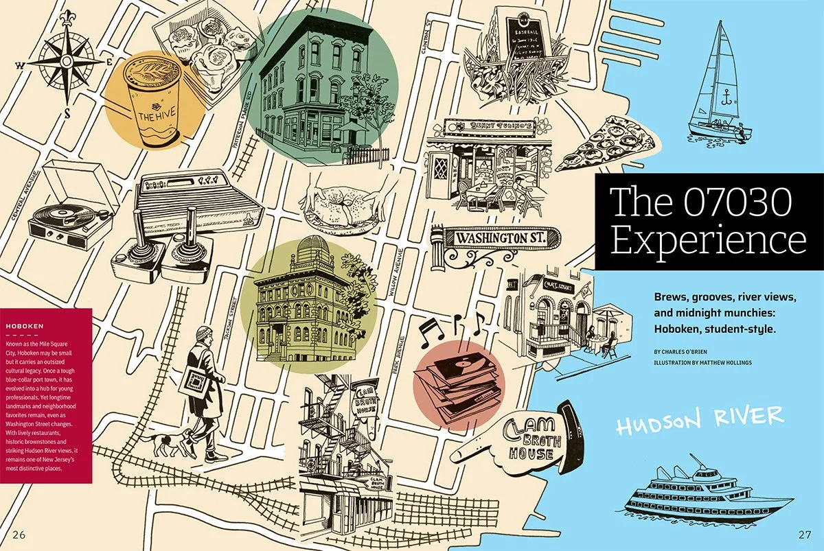 Illustrated map of hangouts in Hoboken,  in the States.