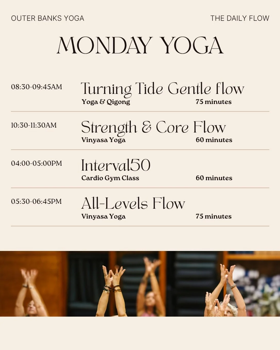 Outer Banks Yoga 9-5 flow (&amp; beyond!) 🙏🦋🌊 ✨

Monday-Sunday come pop into the studio for one of our unique yoga &amp; mindful movement classes. From dance-inspired vinyasa to restorative release&hellip;.you can find it all!!! Head to outerbanks
