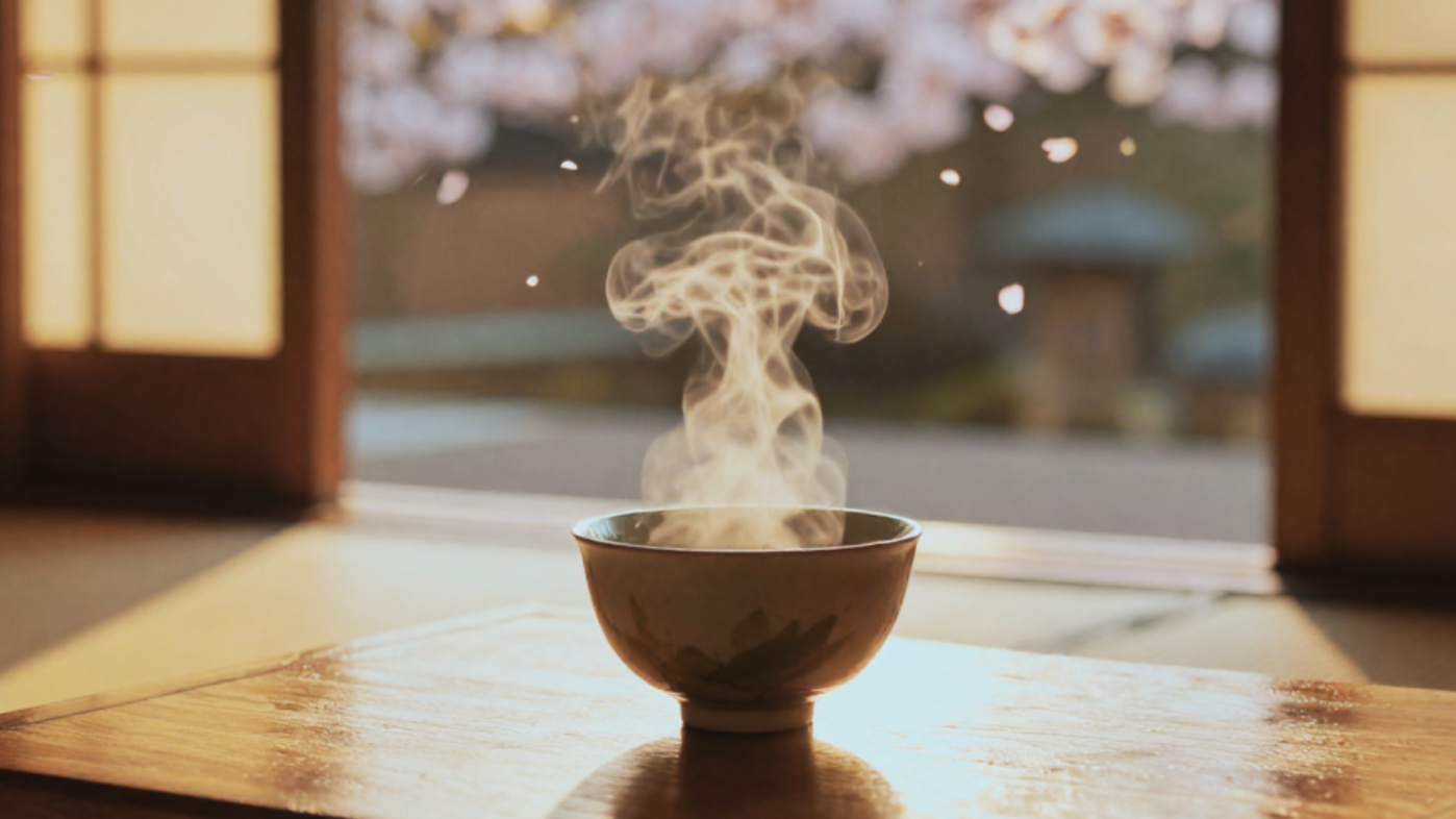 A steaming bowl of traditional matcha tea on a wooden table during a Japanese tea ceremony experience.