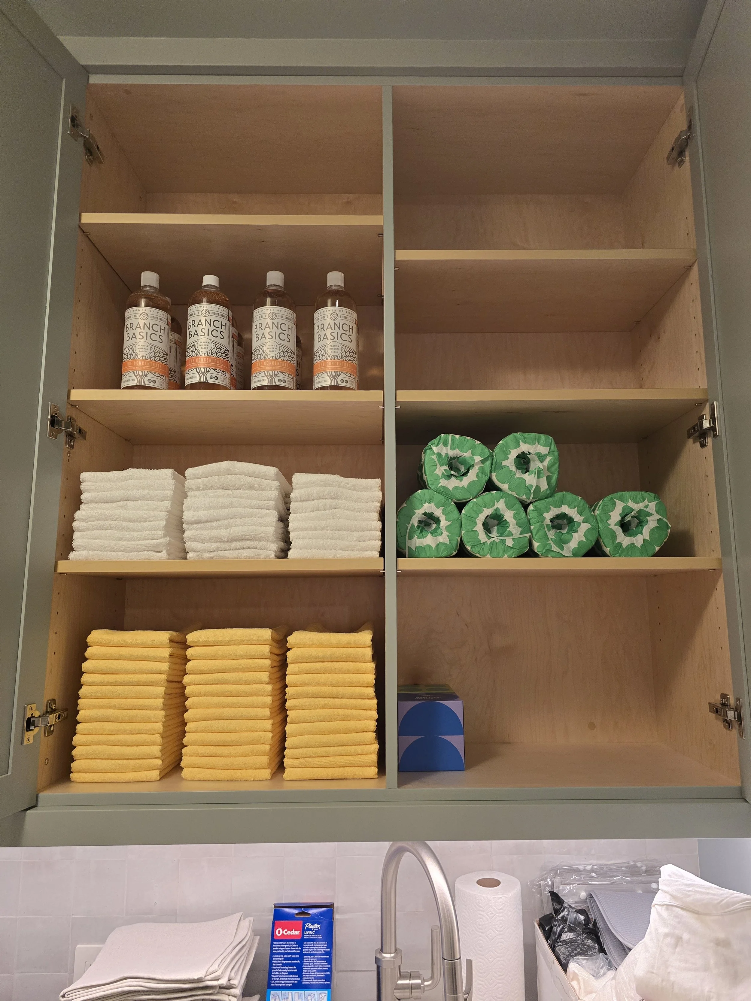 Open cabinet with cleaning supplies, towels, and paper products stored inside.