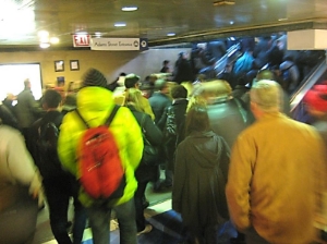 Commuters waiting to get out of Union Station to get to their jobs