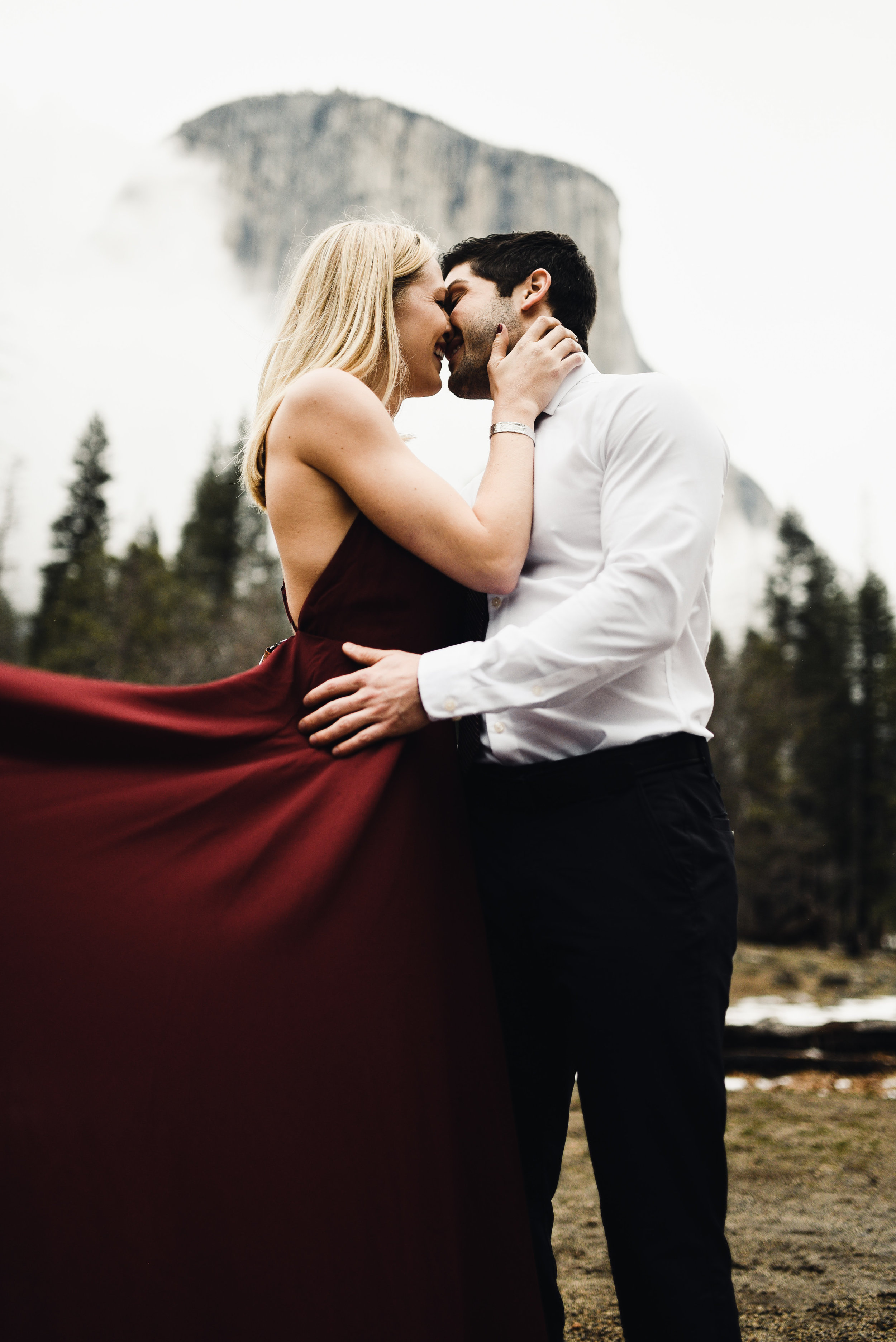 "Dress like you're going to a fancy wedding then we'll hike out into Yosemite and take engagement pictures." What better way to accentuate such an epic backdrop but with some snazzy duds? This ensures we got some framers!