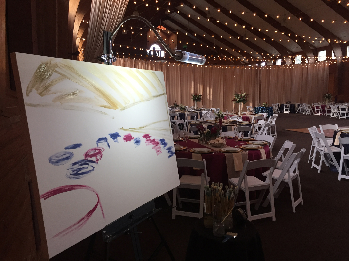 First brush strokes on the canvas, figuring out the composition just before guests arrive ...