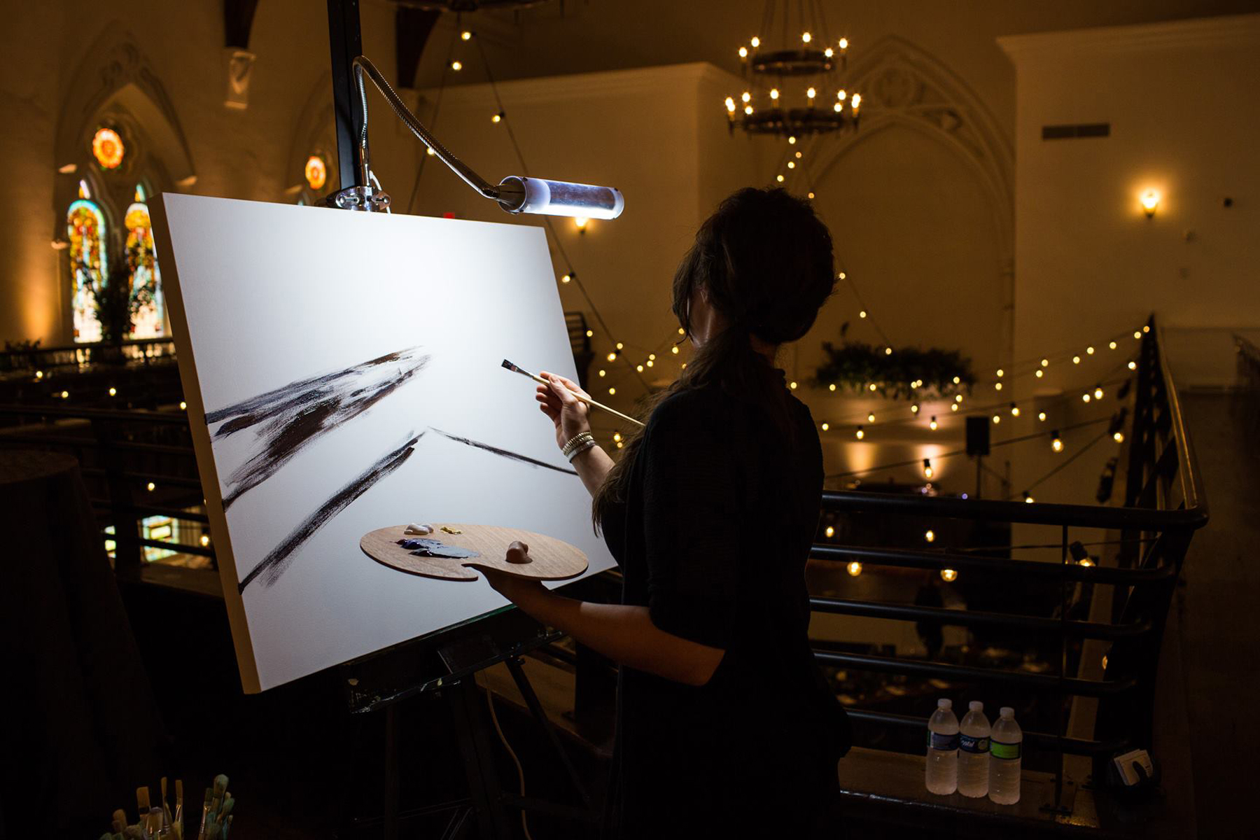 Just getting started before guests arrived at the Transept, Cincinnati, OH // Live Wedding Painting by Cleveland Event Painter Jacqueline DelBrocco// Photo Credit: Nathan Peel Photography