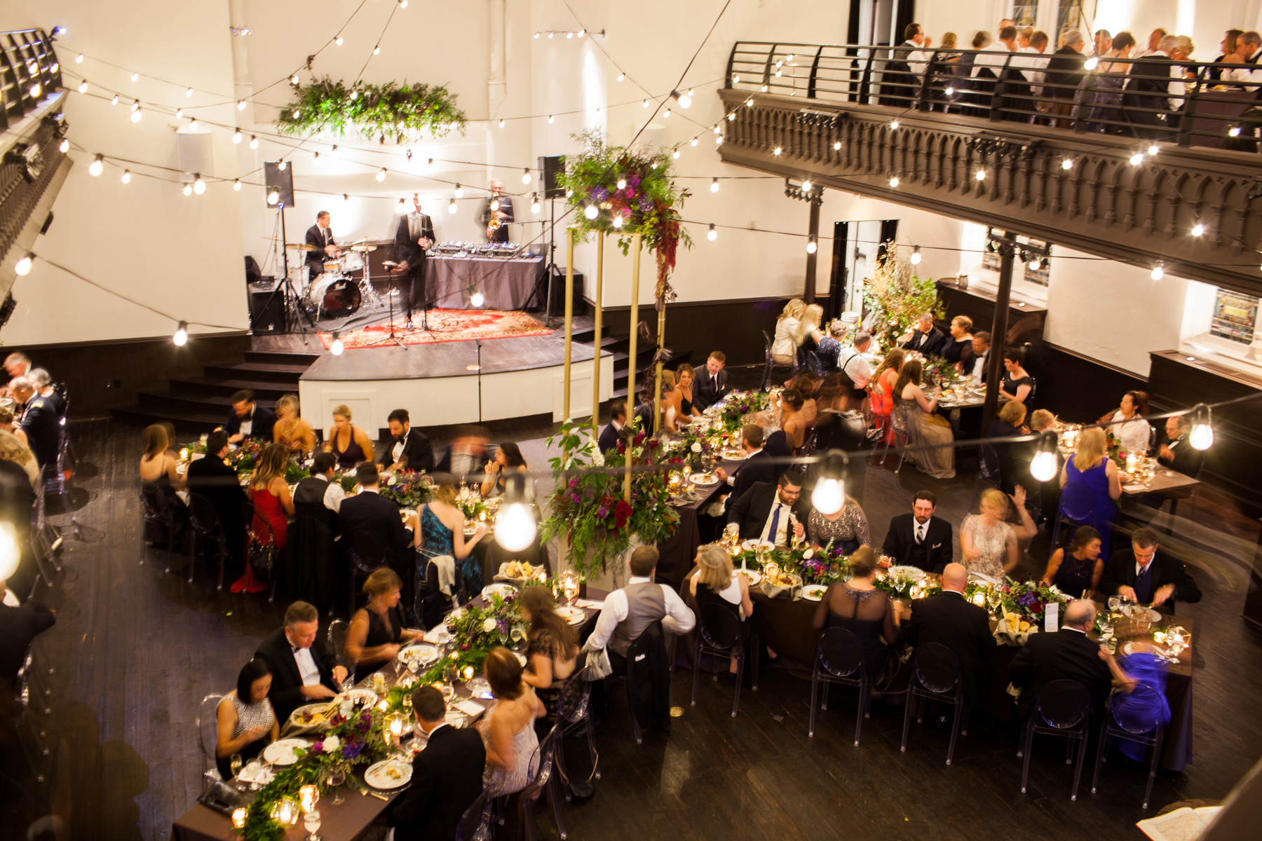 The view of this gorgeous wedding reception from the balcony looking down to the Assembly Room // The Transept, Cincinnati, OH // Photo Credit: Nathan Peel Photography
