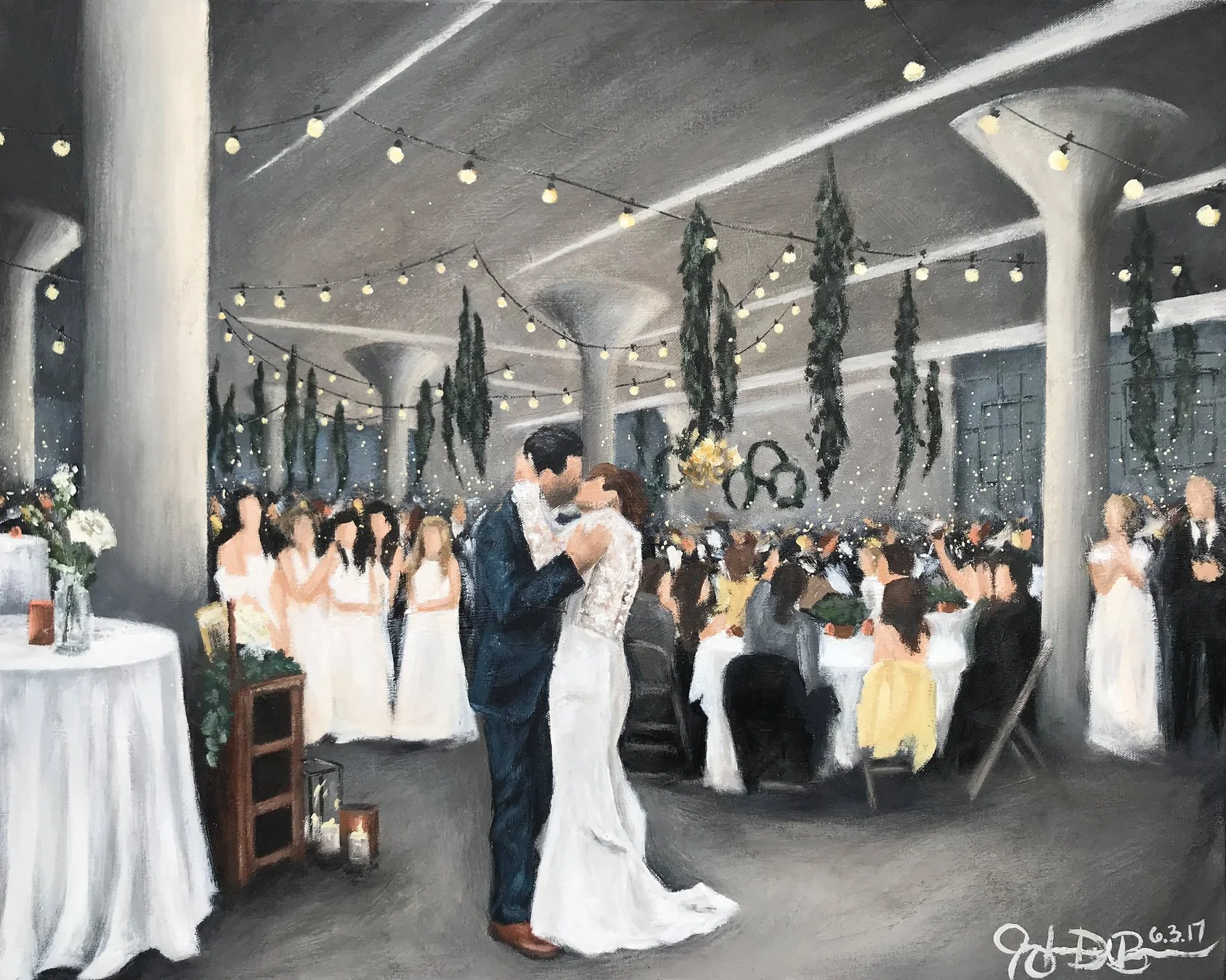 Live Wedding Painting // by Cleveland Event Painter Jacqueline DelBrocco // The Lake Erie Building // Lakewood, OH // 24x30in acrylic on canvas // Source photo cred for bride and groom portrait: Suzuran Photography