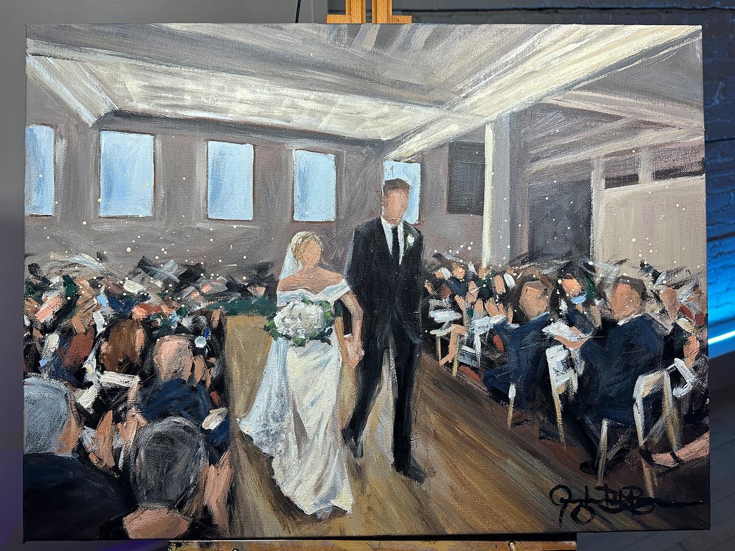Madeline &amp; Brian&rsquo;s live wedding painting from their most charming and blissful ceremony on Saturday at Gordon Green! 🎨😄🤍✨ This 18x24in painting was finished on site, and what a night it was! Thanks to the happy couple for having me there
