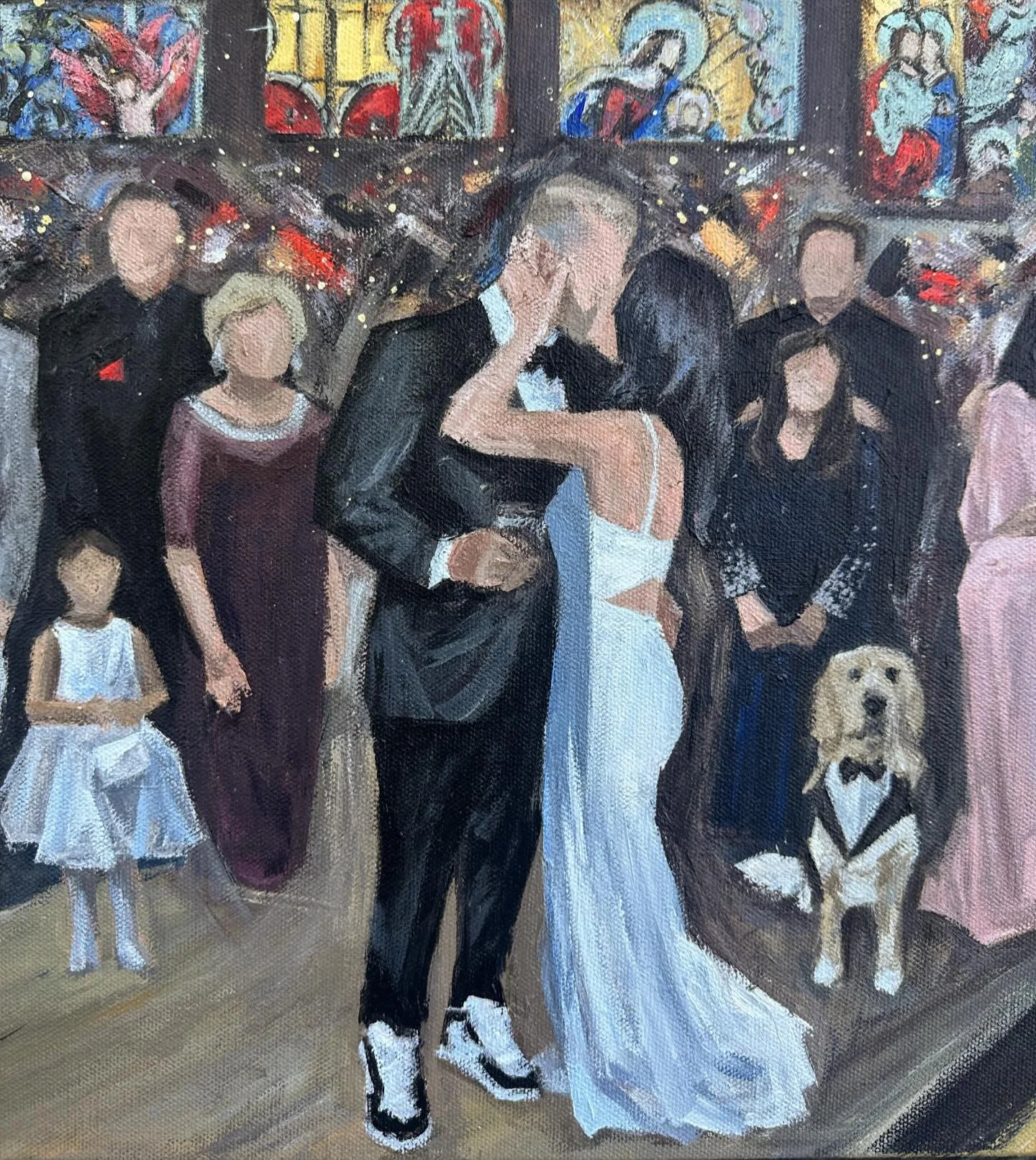 Sneak peek to Jenn &amp; Brian&rsquo;s live wedding painting!! 🎨✨ Stay tuned to see the full 24x30in painting of their unforgettable reception at the Cleveland Brown&rsquo;s Stadium! 🏈💍🙌🧡

@scottshawphoto source photo credit for all the portrait