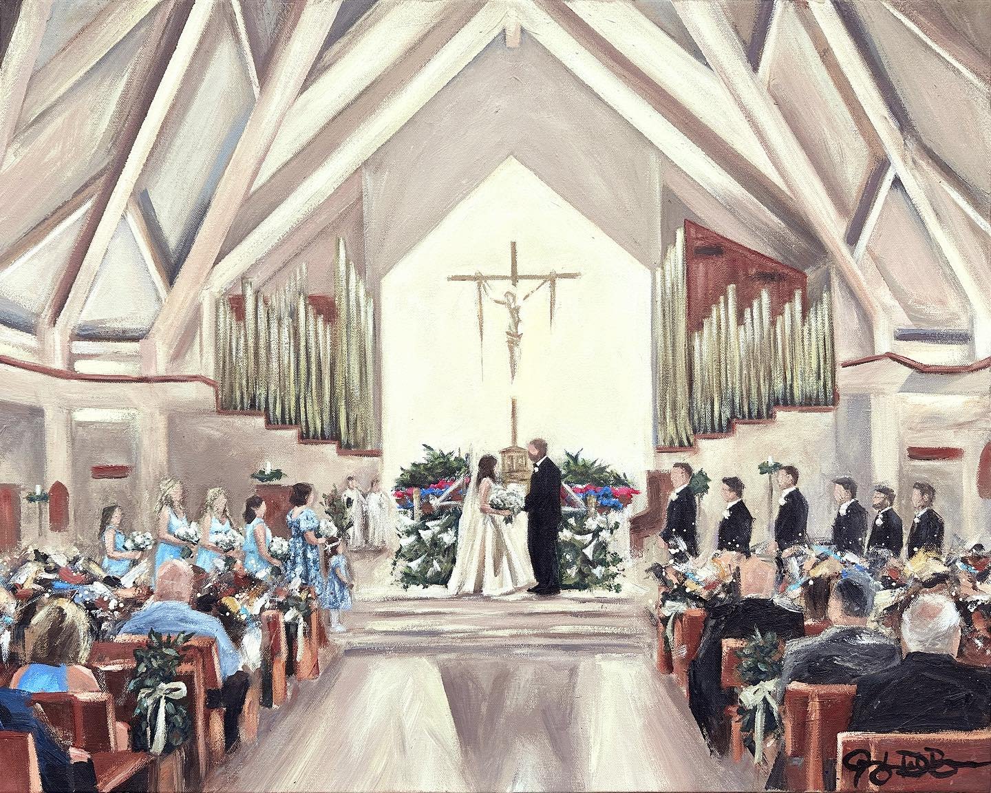 Sarah &amp; Mitchell 🤍✨ 24x30in wedding painting of their stunning ceremony at St. Mary Catholic Church in Hudson, OH 

The commissioning of this painting was a surprise wedding gift from the groom to his bride along with another painting of their r