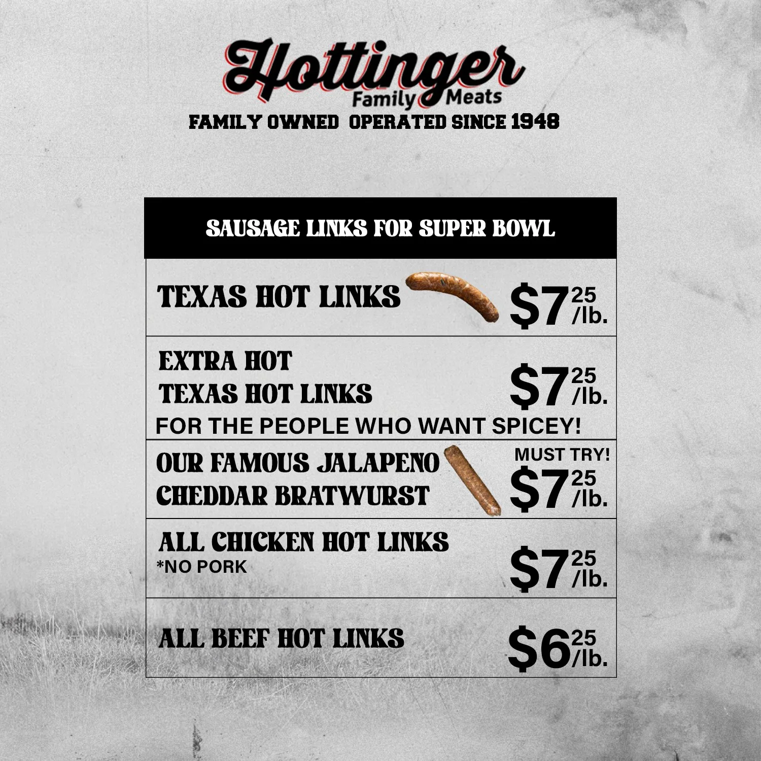 Hottinger Family Meats Weekly Ad.  This ad is good through JANUARY 31ST-FEBRUARY 6TH, 2026