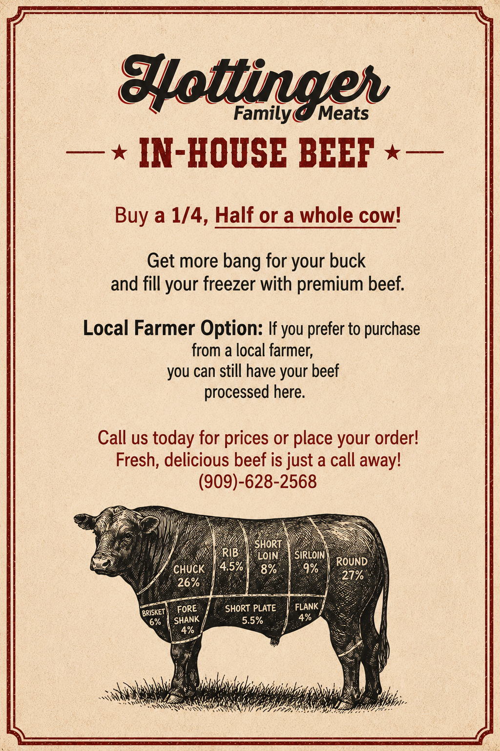 In-house beef processing flyer with information and prices.