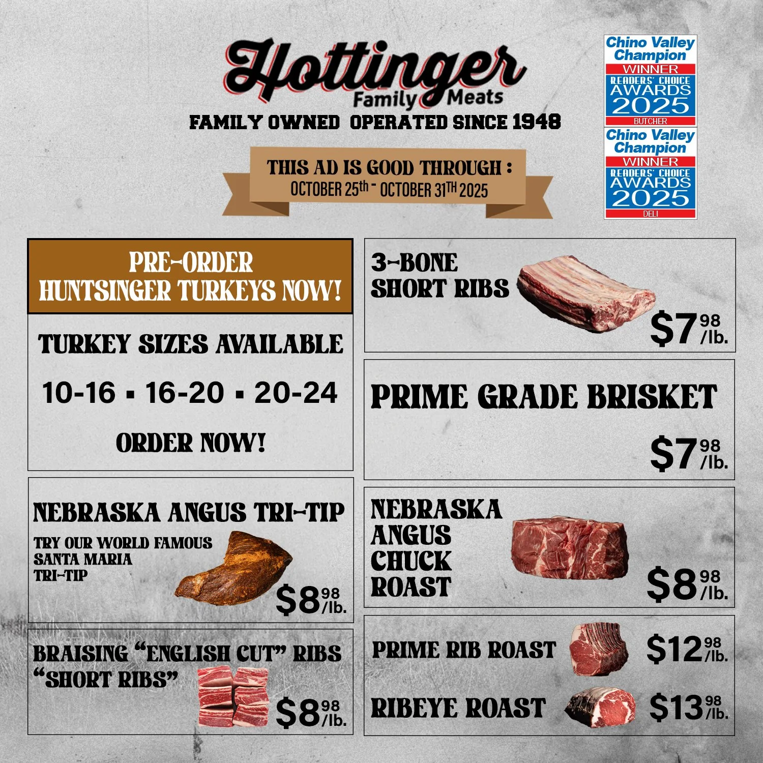 Hottinger Family Meats Weekly Specials Ad.  This ad is good through October 25th-October 31st, 2025