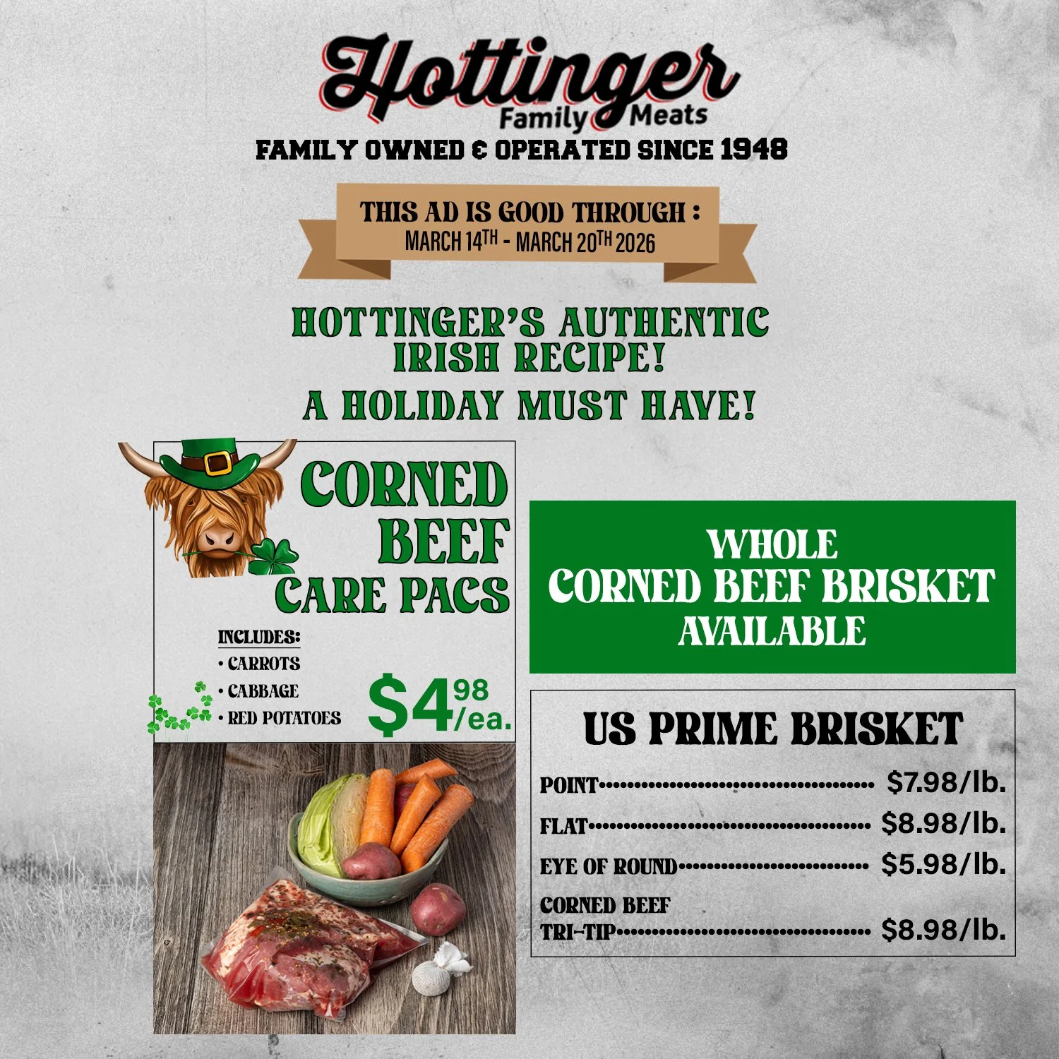 Hottinger Family Meats Weekly Ad.  This ad is good through MARCH 14TH-MARCH 20TH, 2026