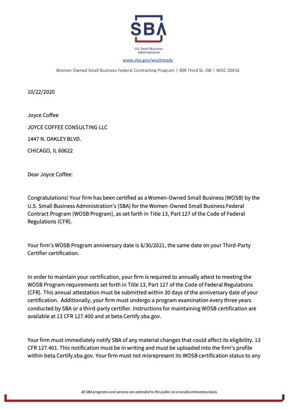 Joyce Coffee Consulting WBE Certificate