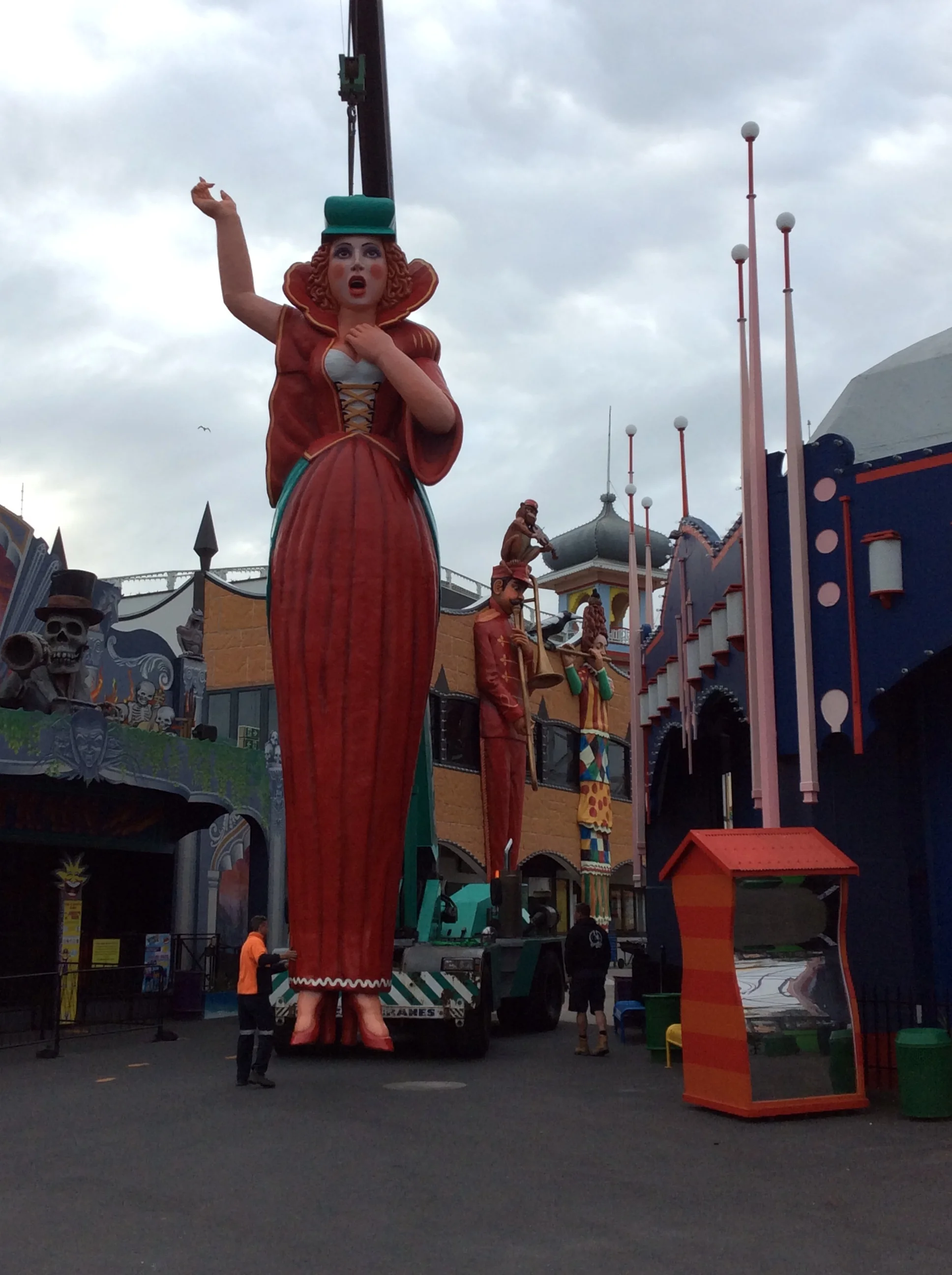 Diva figure being installed, Luna Park Melbourne, September 2015.