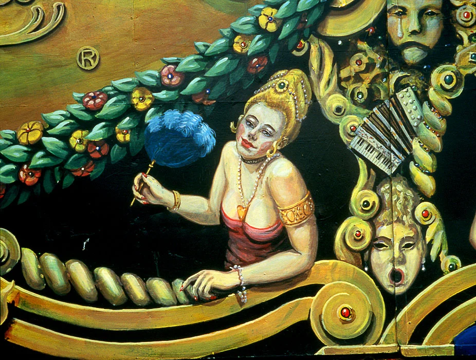 The Famous Spiegeltent facade, detail, top central panel.