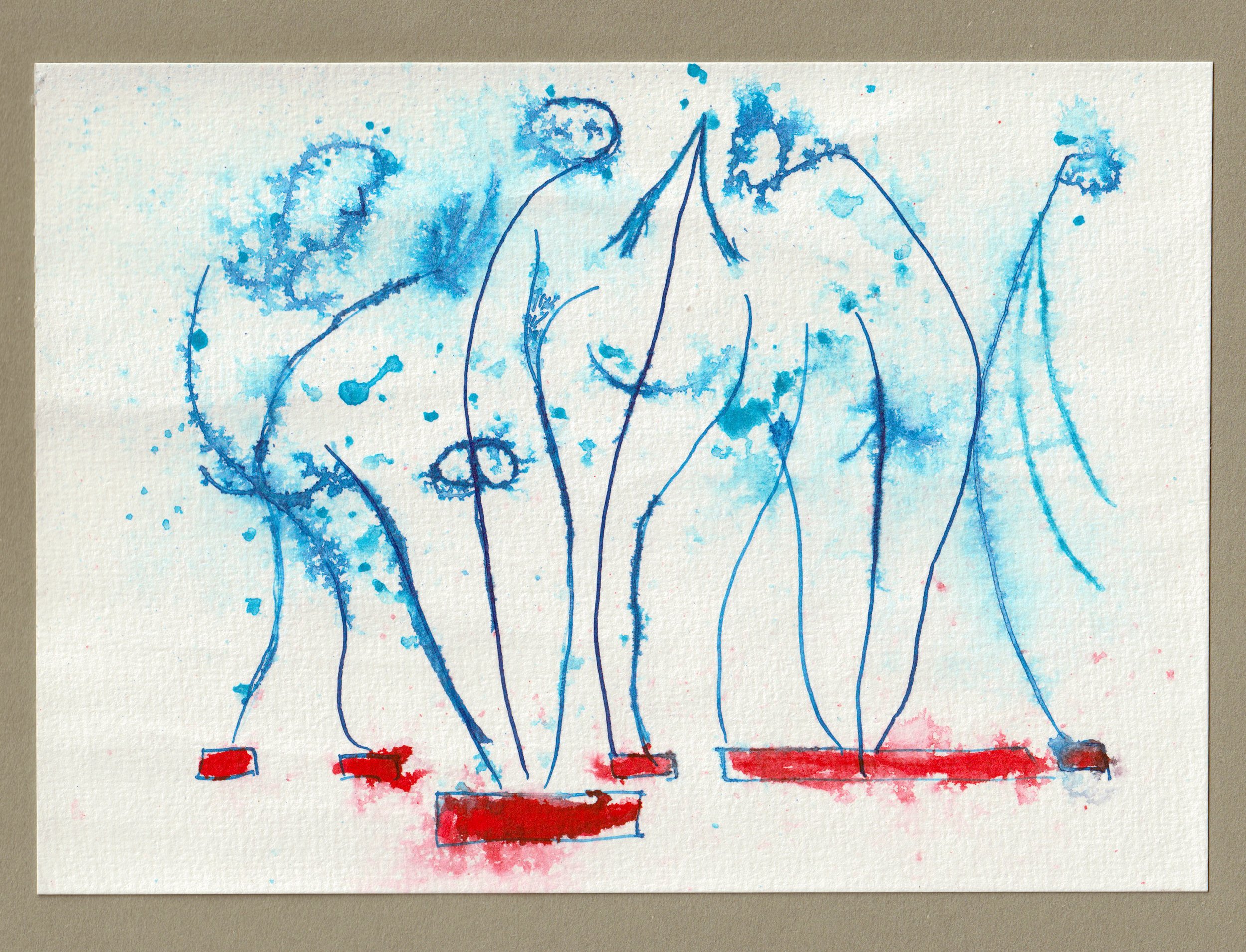  Postcard to J, Friends!. Acrylic paint, ink on paper. 21cm x 14.5cm. 