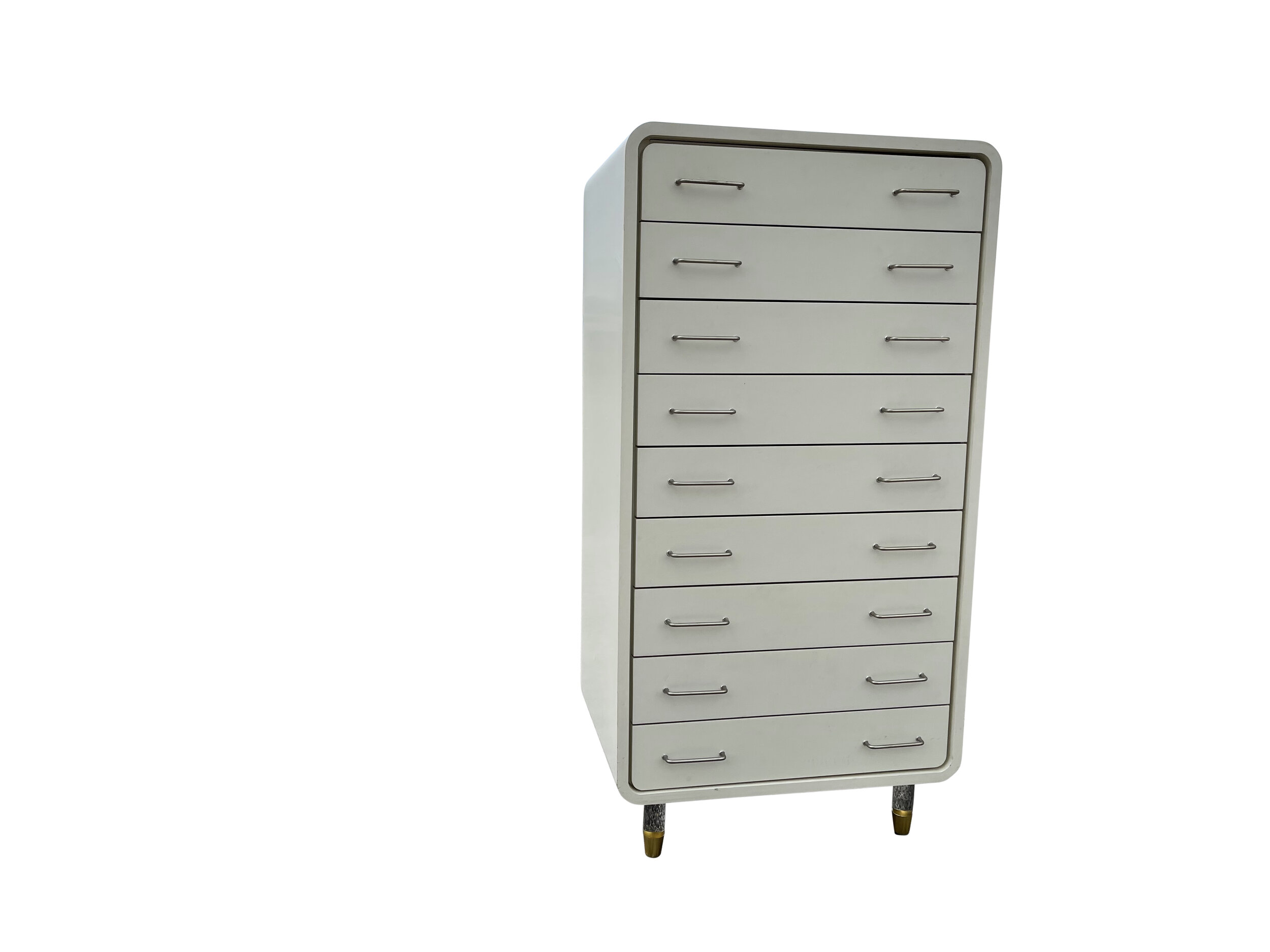 White Mid Century Modern Narrow Tall Chest With Lucite Legs