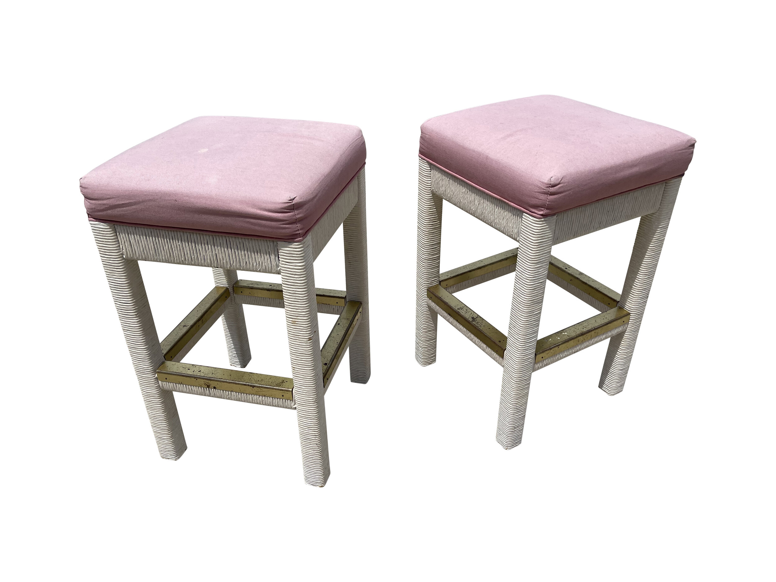 960s Dorothy Draper Style White Palm Beach Wicker &amp; Bamboo Barstools - Set of 2