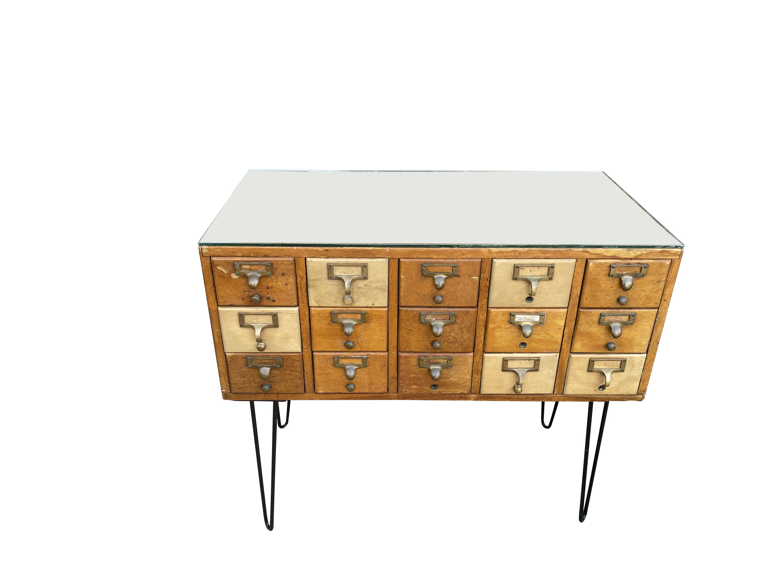 Repurposed Mid Century Modern Style Card Catalog with glass top