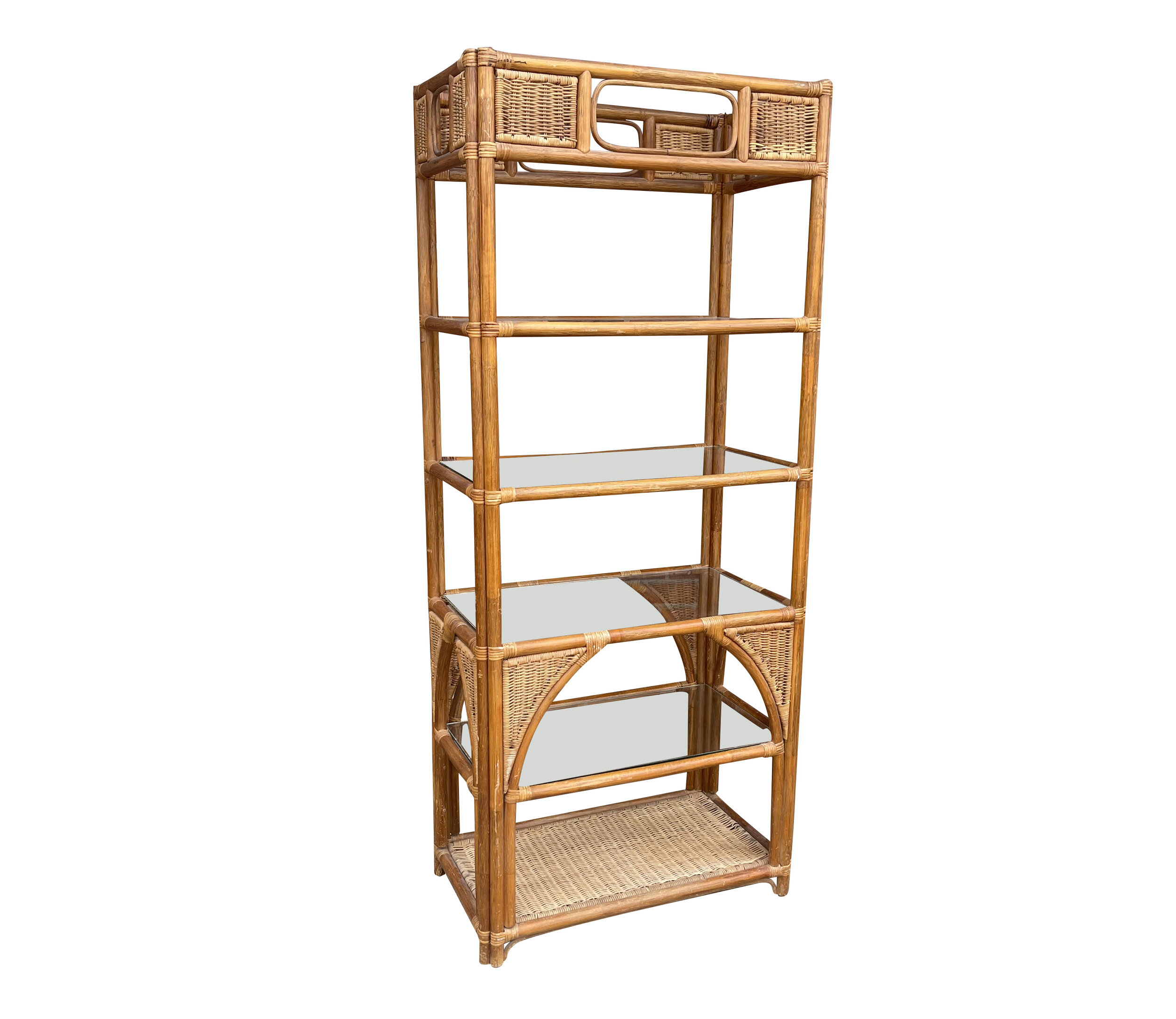 Mid Century Modern Bohemian Rattan Shelf Etagere Unit 