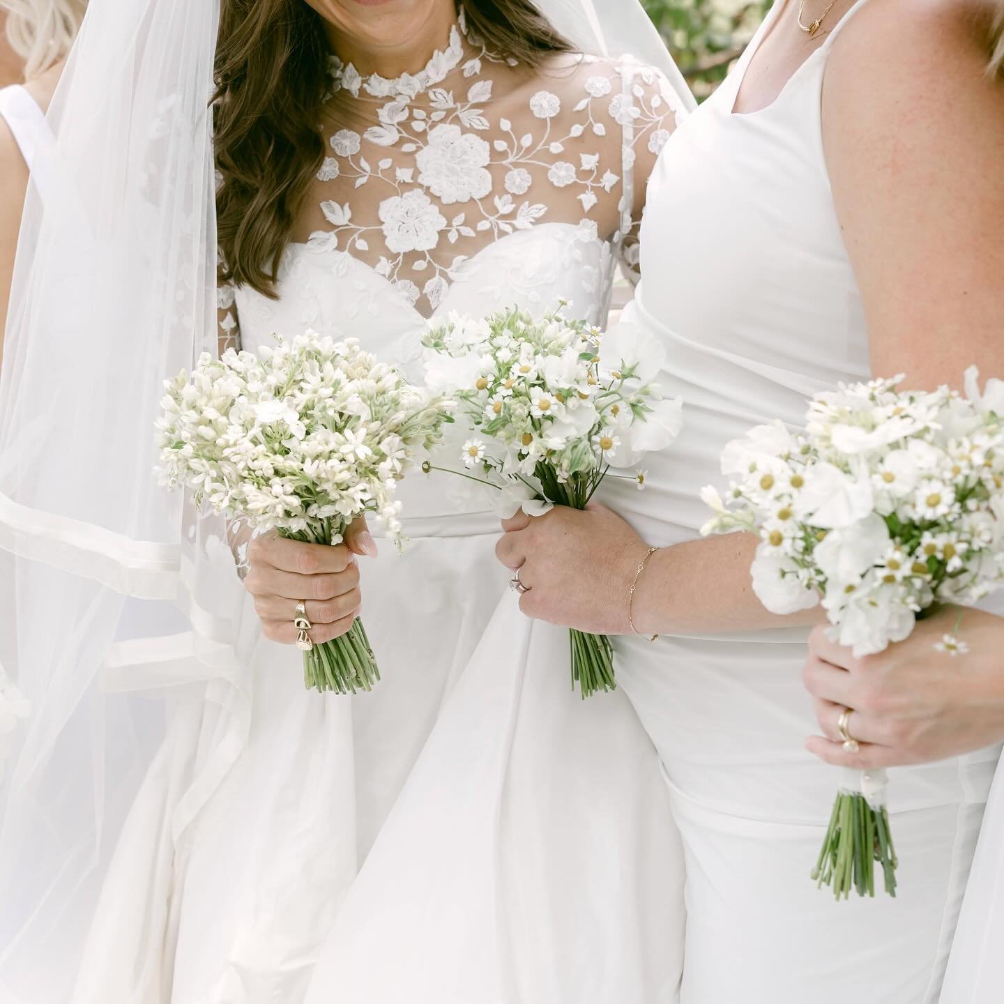 Delicate and dainty bouquets are some of my favorites. Casey&rsquo;s bridal had a million little stems of lily of the valley and tweedia, while her bridesmaids were designed with sweet peas and feverfew. 
Photo: @kaleighturnerphotography