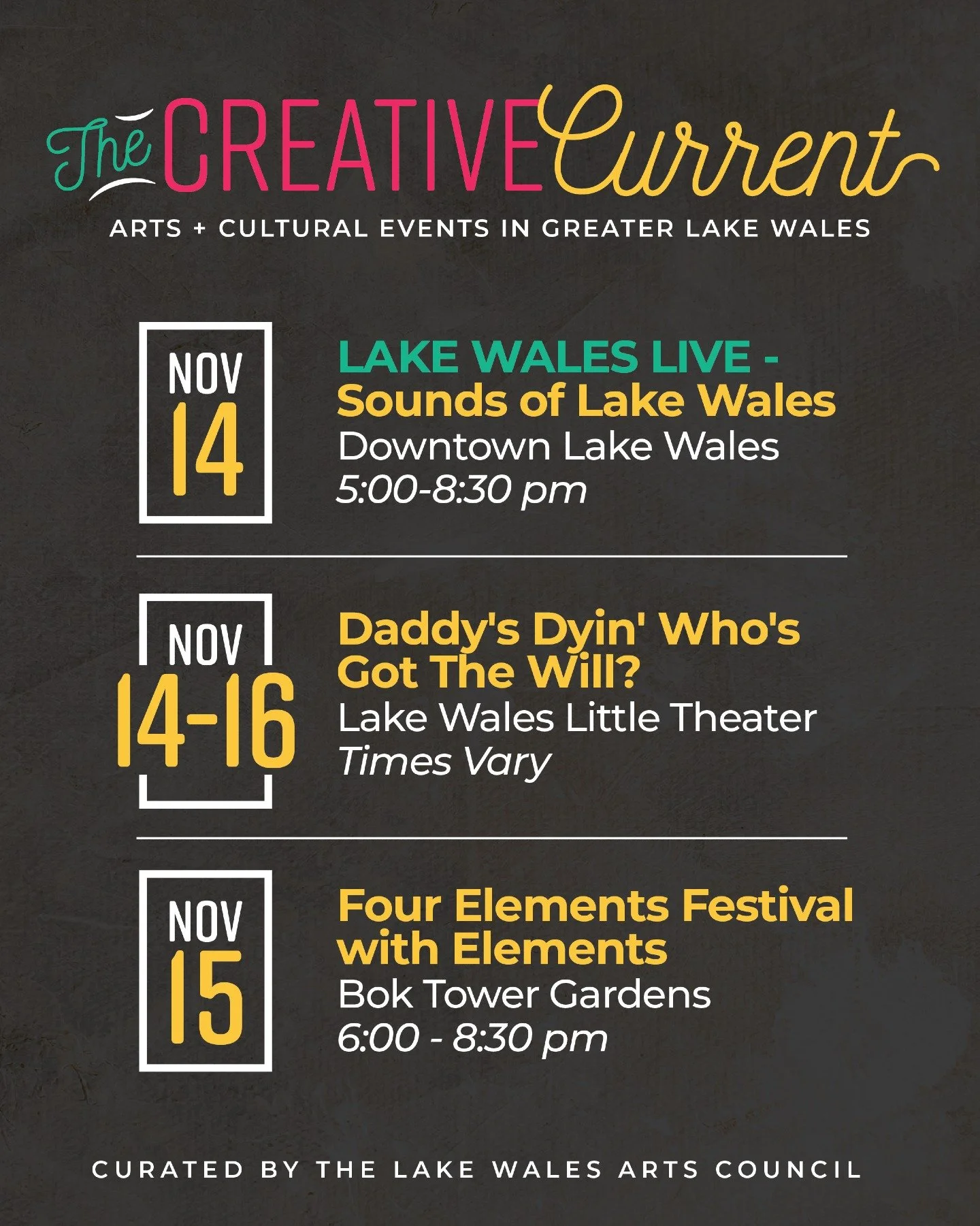 What&rsquo;s Going On in the Arts This Weekend in Lake Wales?

The arts are alive in Lake Wales! From gallery exhibitions and live performances to community classes and local markets, there&rsquo;s always something inspiring happening around town. St