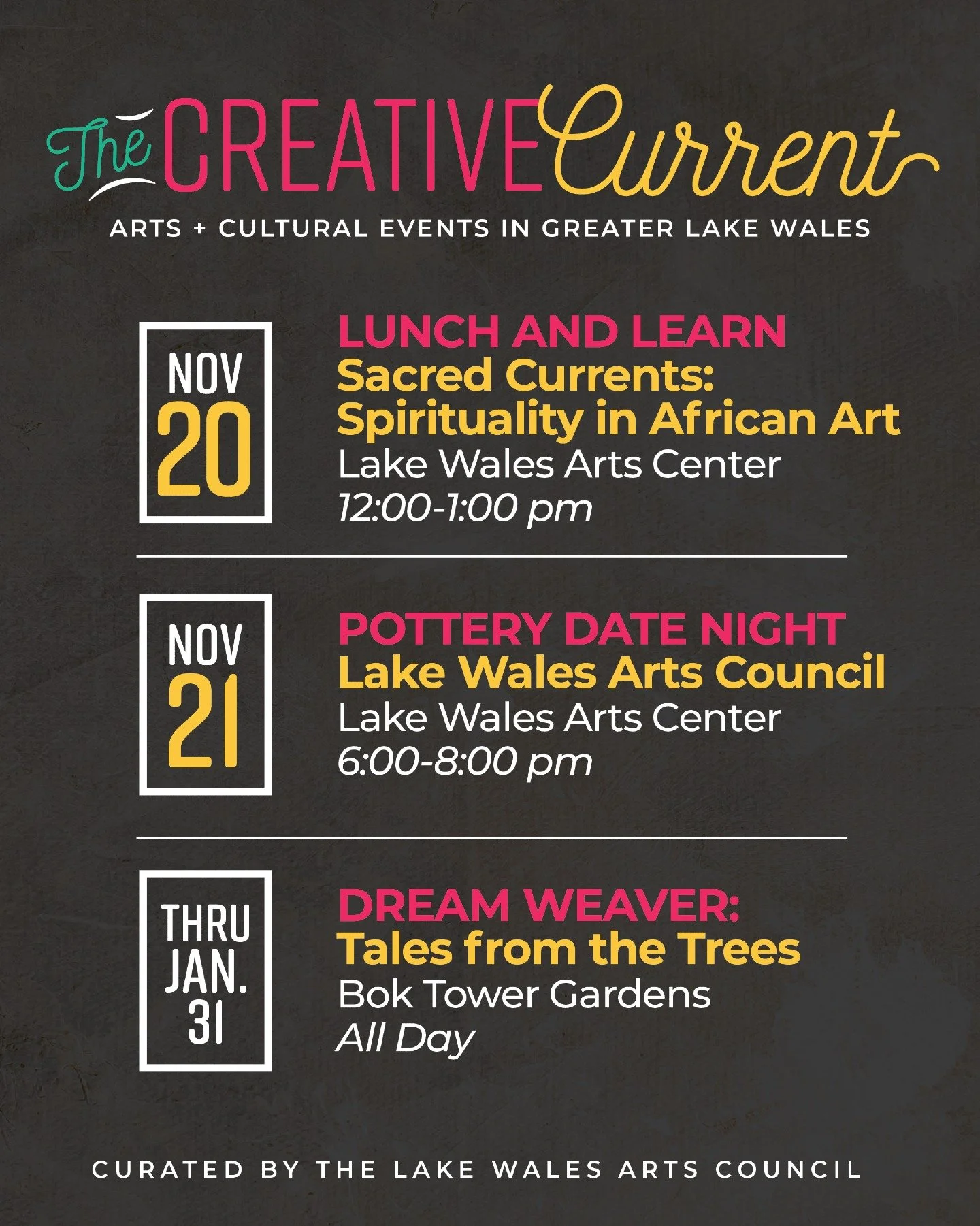 There&rsquo;s plenty happening in the arts around Lake Wales this week! 🎨

From lunchtime learning opportunities to creative hands-on experiences, the Lake Wales Arts Center is offering engaging programs for the community. You can also enjoy ongoing