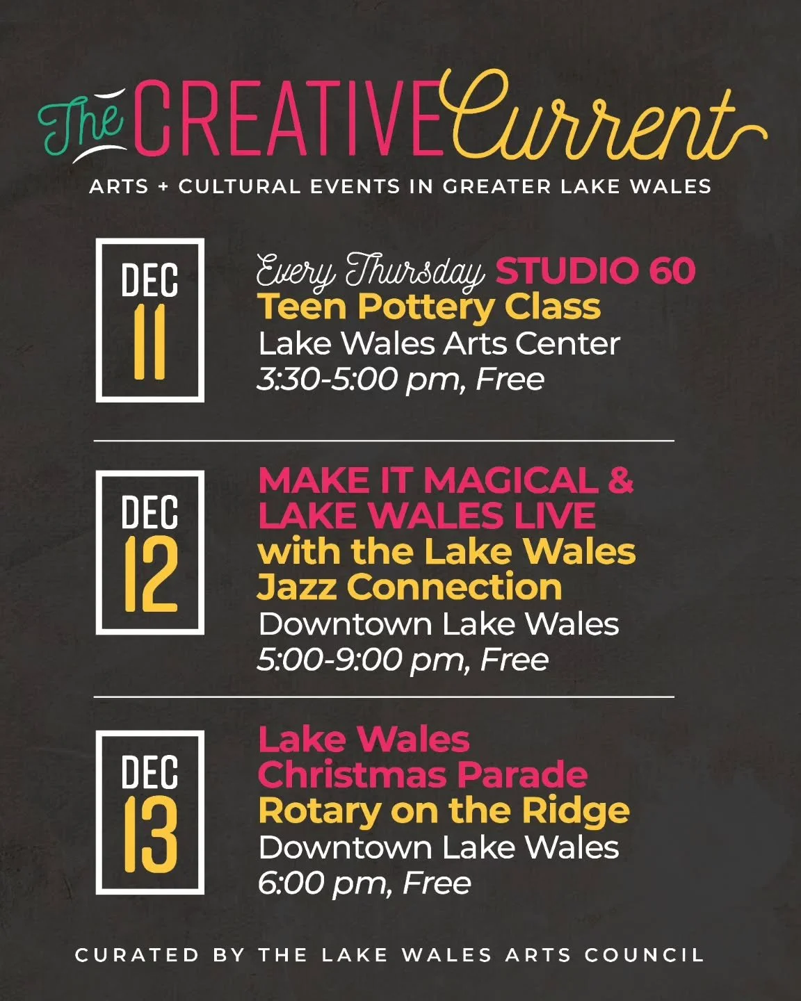 Here&rsquo;s what&rsquo;s happening this week in Lake Wales!
From creative classes to festive holiday fun, there&rsquo;s something for everyone to enjoy.

📅 Dec 11 &mdash; Studio 60 Teen Pottery Class at the Lake Wales Arts Center (Free)
More info: 