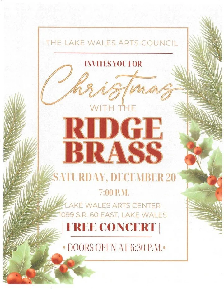 🎄✨ This Saturday! ✨🎄
Celebrate the season with Christmas with the Ridge Brass at the Lake Wales Arts Center. Enjoy a festive evening of powerful brass and holiday favorites&mdash;perfect for getting into the Christmas spirit.

📅 This Saturday, Dec