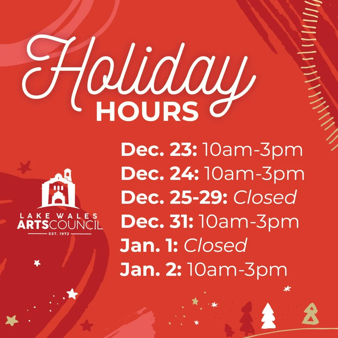 🎄🌟🎄Please note our holiday hours for the next two weeks. Stop in and see what new things we have coming up at the Lake Wales Arts Council!
#lakewalesartscouncil #happyholidays #holidayhours #polkcountyarts #centralfloridaarts