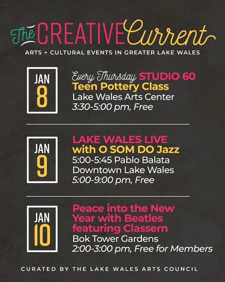 👉 What&rsquo;s happening in the arts this week? 👈

The Creative Current is your go-to guide for arts and culture in Greater Lake Wales!

From Teen Pottery Classes on Thursday, to Lake Wales Live with Pablo Balata and O Som Do Jazz Friday night, and