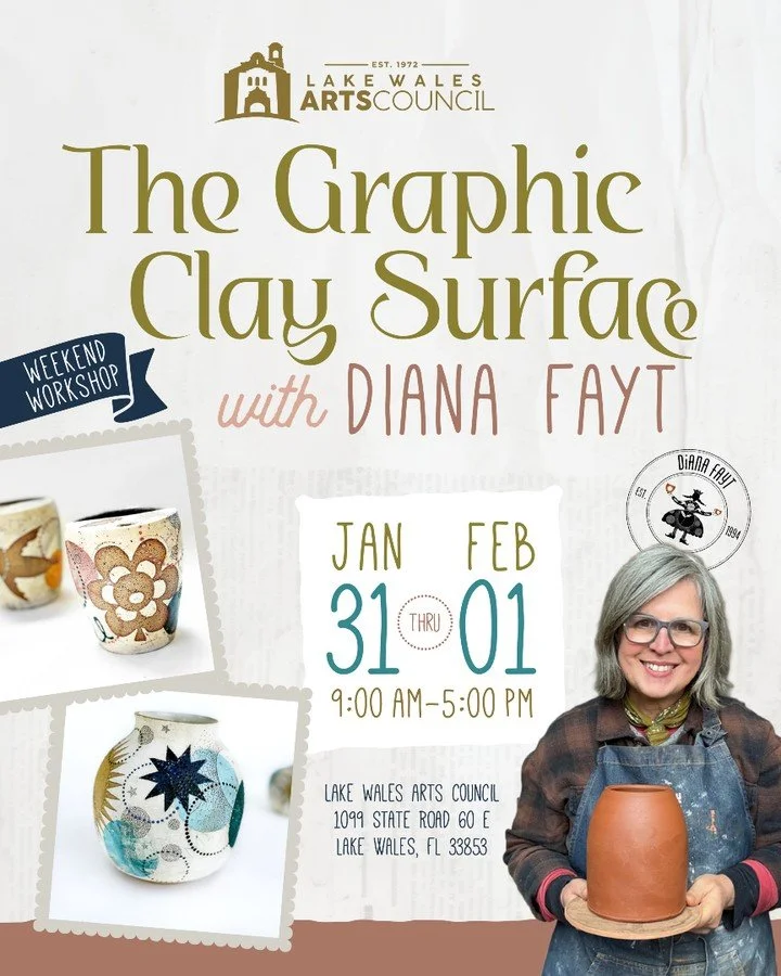 2 WEEKS AWAY!
🎨 The Graphic Clay Surface | Two-Day Workshop 

Join renowned ceramic artist Diana Fayt for an immersive two-day workshop exploring graphic clay surface techniques. Diana will demonstrate reusable stencils, simple newsprint transfers, 