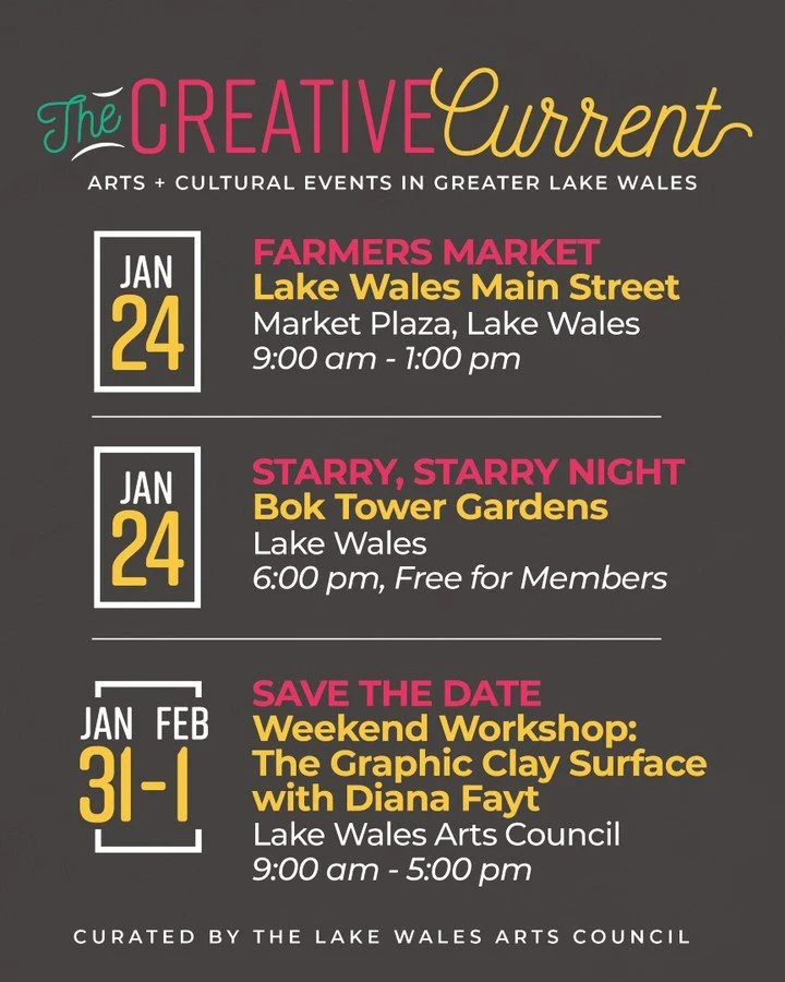 The Creative Current is flowing! 
Here&rsquo;s what&rsquo;s happening around Lake Wales in the arts:

🛍 Farmers Market
📍 Lake Wales Main Street, Market Plaza
🗓 Jan 24 | ⏰ 9:00 AM&ndash;1:00 PM
more info: https://www.facebook.com/profile.php?id=100