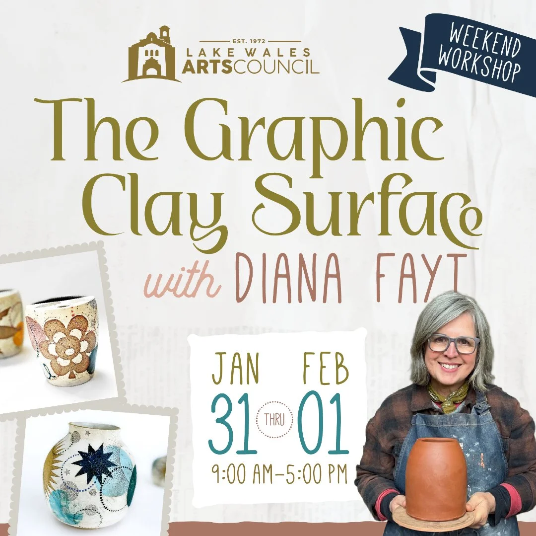 This week is your last chance to sign up for an absolutely amazing experience.

🎨 The Graphic Clay Surface with Diana Fayt
Join us for an inspiring two-day ceramics workshop at the Lake Wales Arts Council! Learn stenciling, newsprint transfers, and 