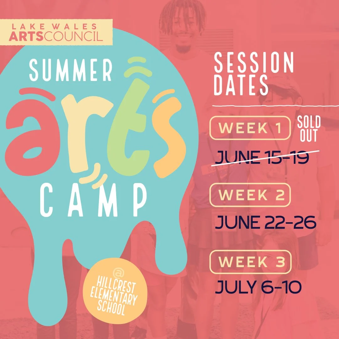 Week 1 is SOLD OUT for full day spots. Limited 1/2 day (afternoon) spots available.

🎨 Register Today for Summer Arts Camp at the Lake Wales Arts Council! 🎭🎶📸
Give your child a summer filled with creativity, discovery, and hands-on artistic exper