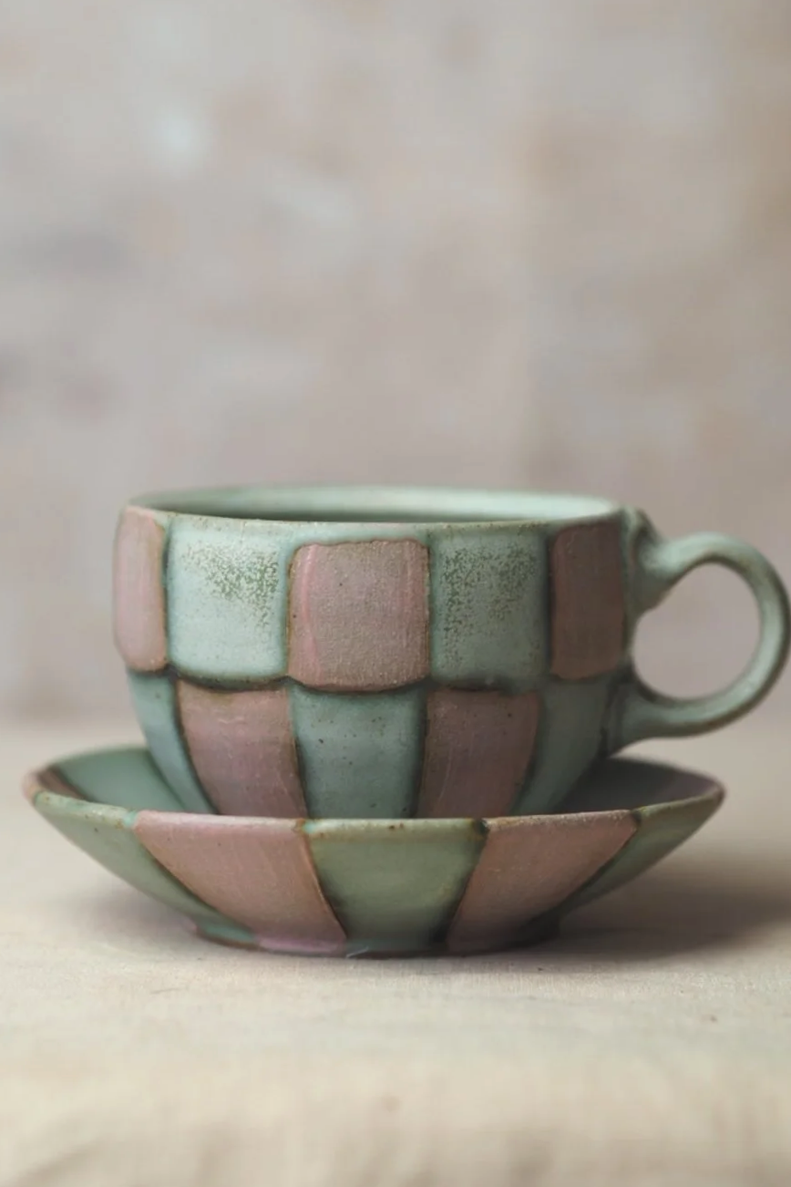 Cup and Saucer in Sage and Pink