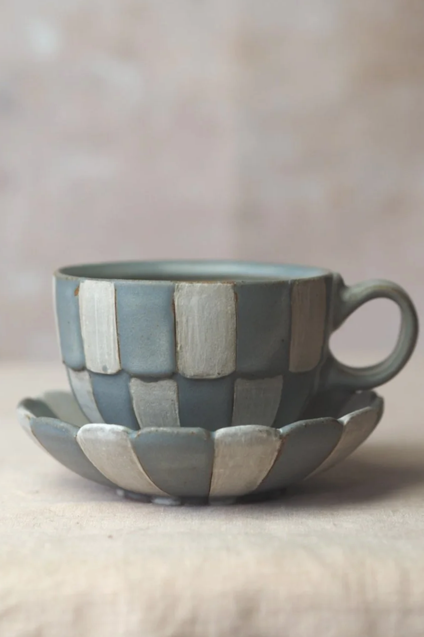 Cup and Saucer in Cloudy Blue and White