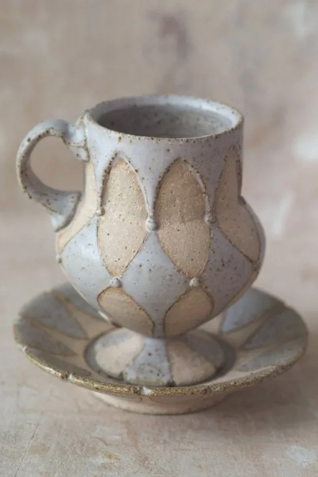 Hot Chcolate Cup and Saucer in Lilac and Parchment