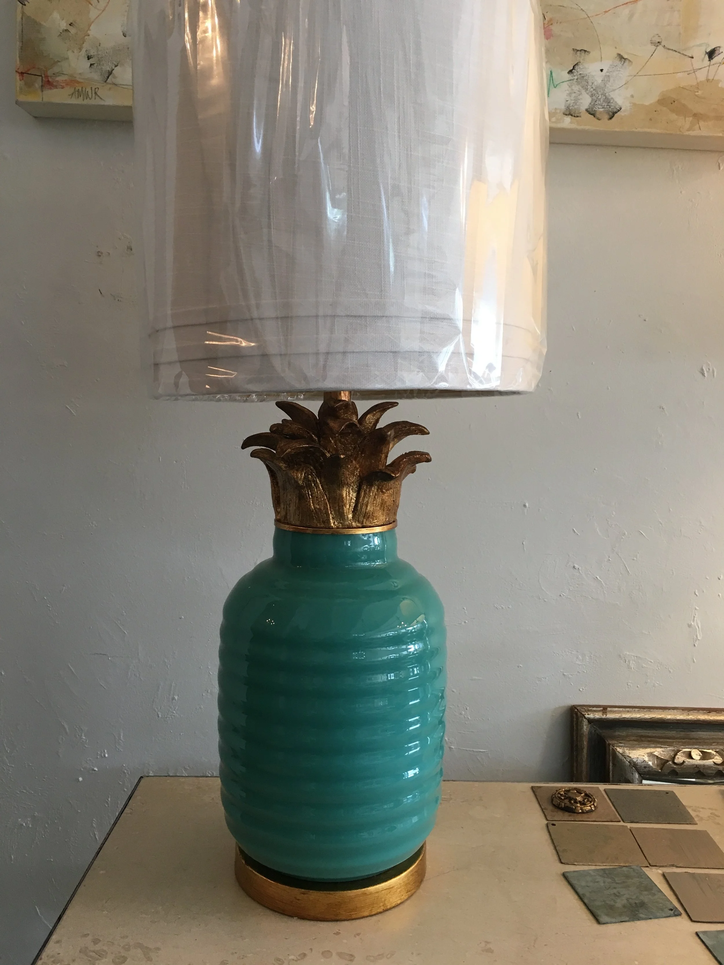 Turquoise pineapple lamp with pleated linen shade -- $175.