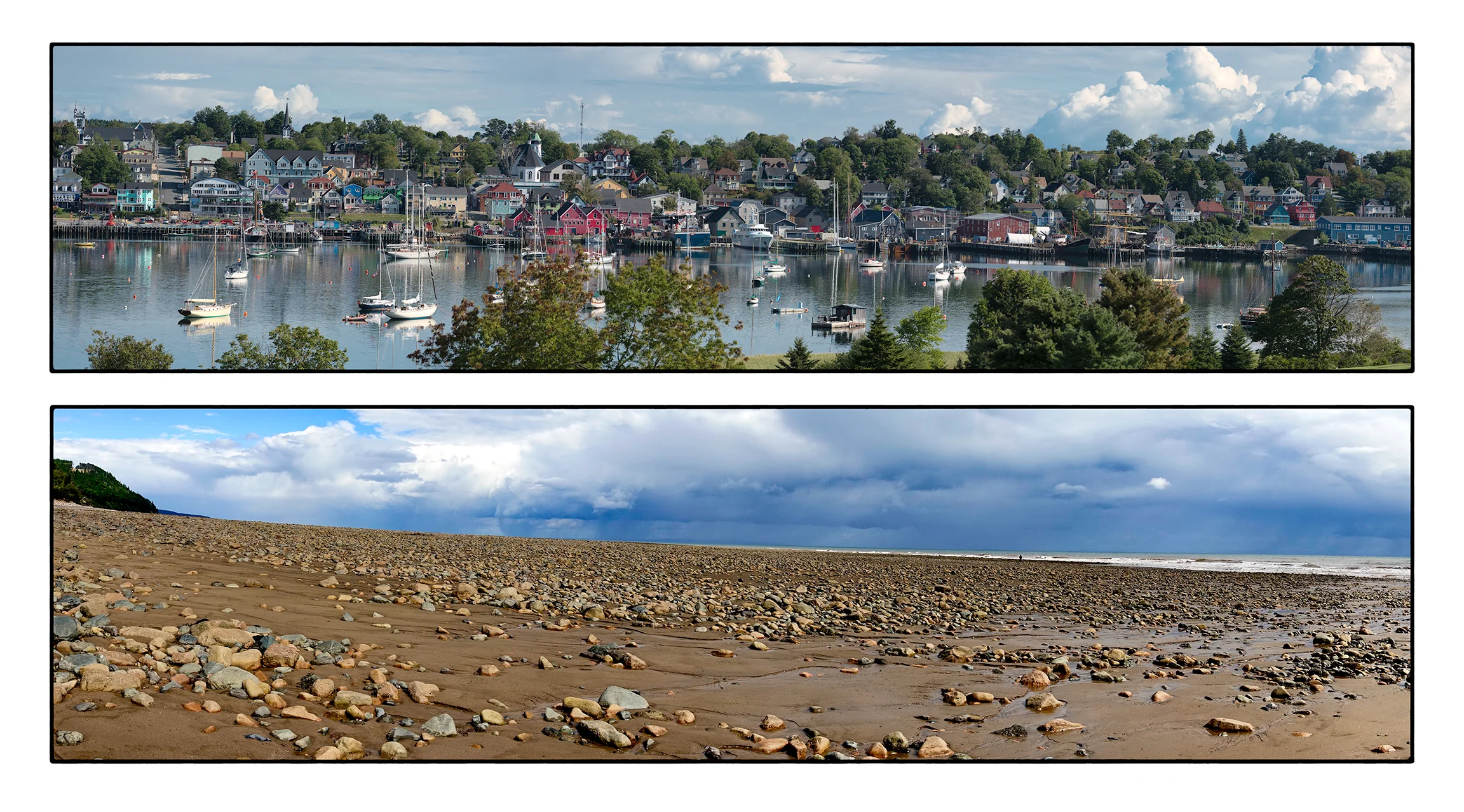 Two panoramas; Top: Lunenburg harbor Bottom: low tide at the Bay of Fundy