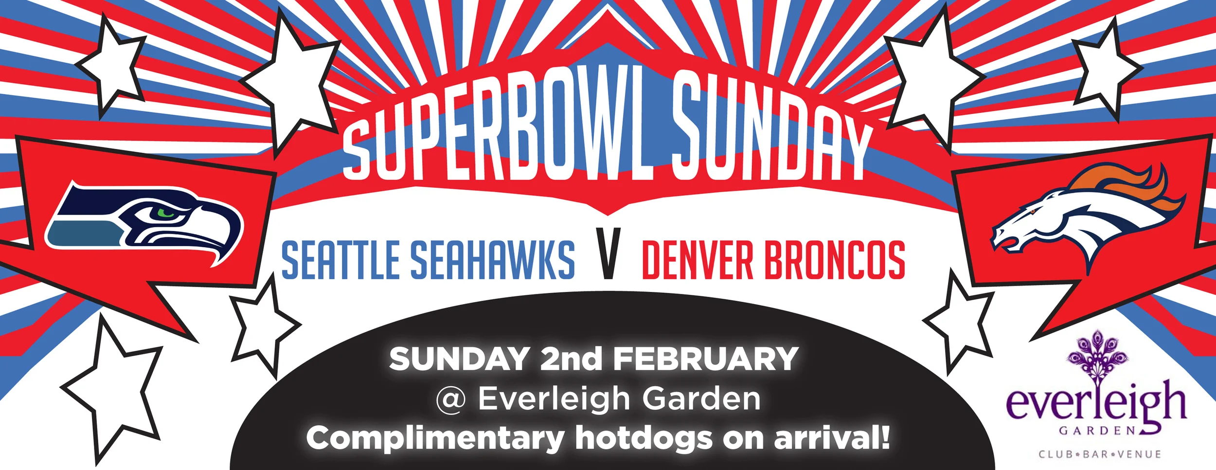 For the Superbowl event taking place in Everleigh Garden, showing the two teams symbols was needed to show the clash that was going to occur during the game along with the American flag colour sceheme.