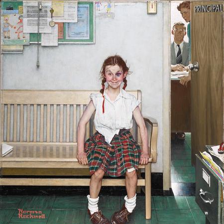 The rolled sleeves, untucked shirt, disheveled skirt, socks and untied shoes all enhance the contrast of this rebellious student within her environment. Notice how the lay of the plaid also breaks up the orderly geometry of the props and staff costumes. Image: The Young Lady With the Shiner (1953, Oil on Canvas, 34″ x 30″) Saturday Evening Post, May 23, 1953. Wadsworth Atheneum Museum of Art, Gift of Kenneth Stuart.